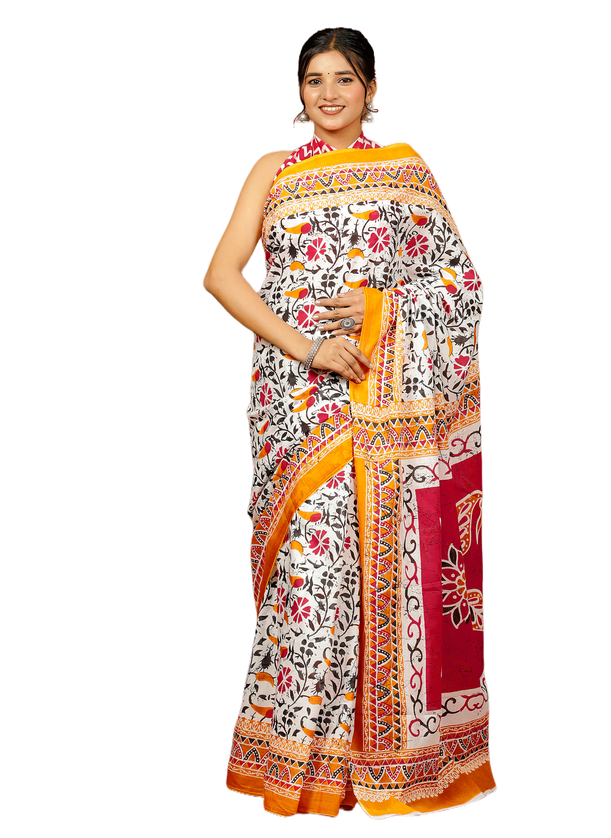Traditional Printed Saree with Multicolor Floral and Bird Motifs view 4